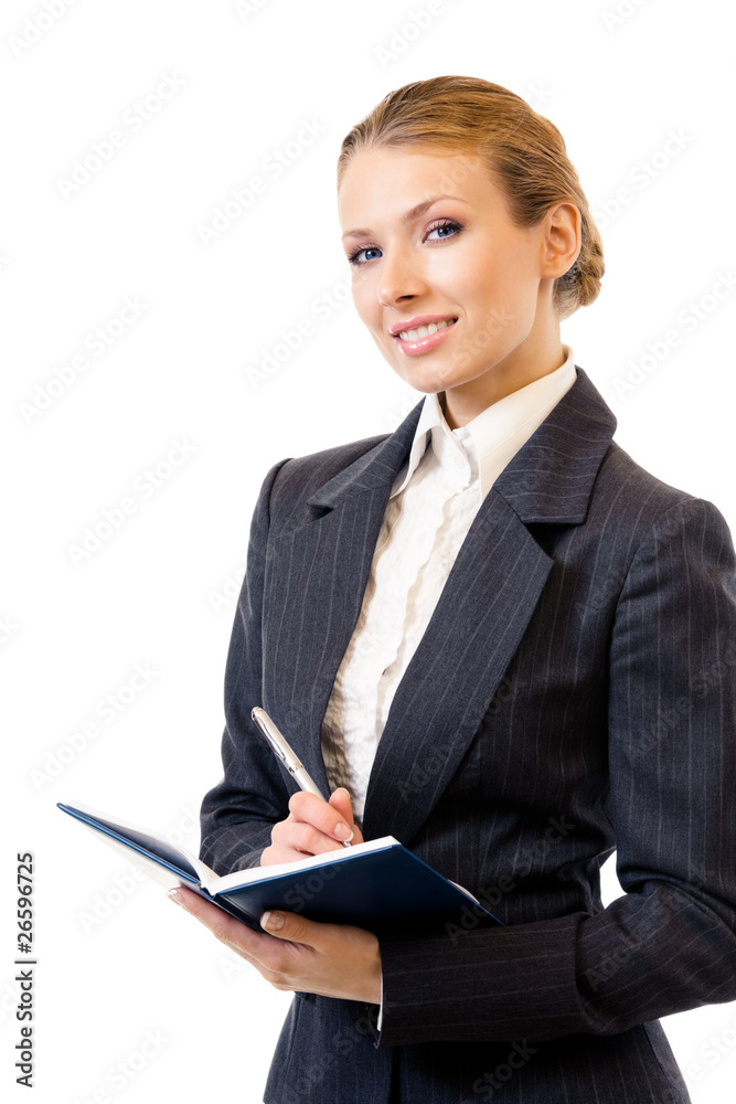 Businesswoman writing, isolated on white Businesswoman writing, isolated on white