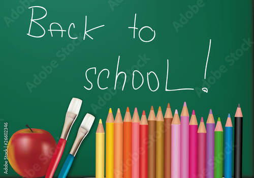 Blackboard with school supplies. Vector.