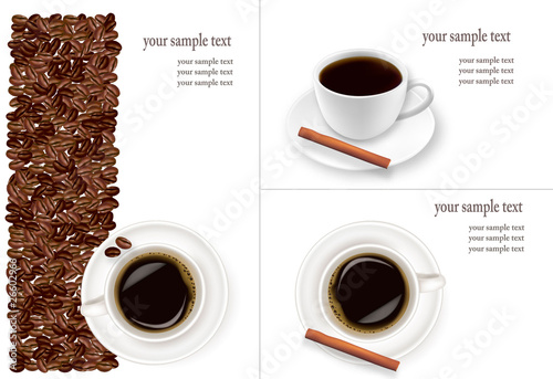 Design with cup of coffee and coffee grains. Vector.