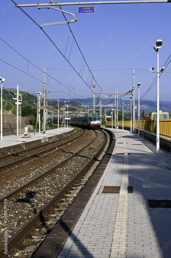 A train arriving in the sunny station, Pisciotta, Italy