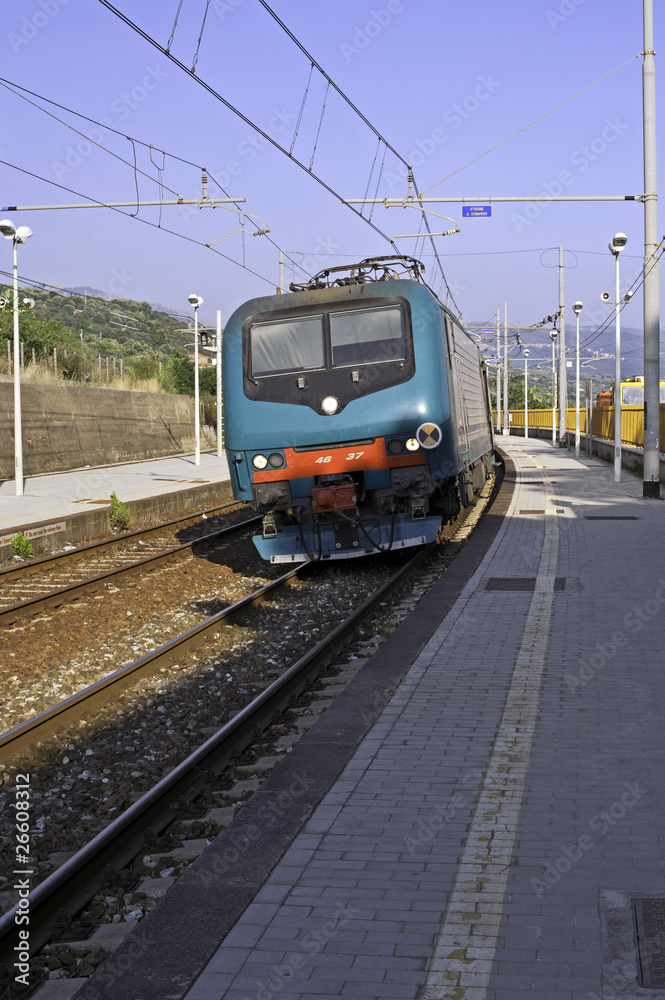 A train leaving the sunny station, Pisciotta, Italy