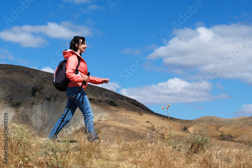 Tourist woman in mountains