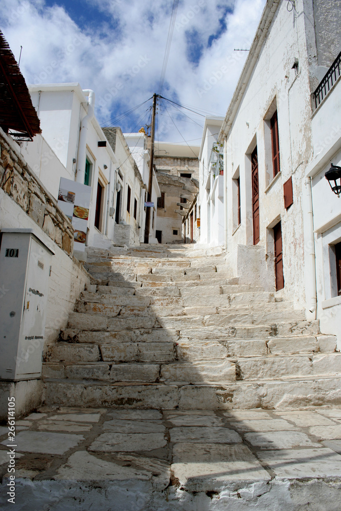 The uphill street steps in Aperanthos, Naxos, Greece