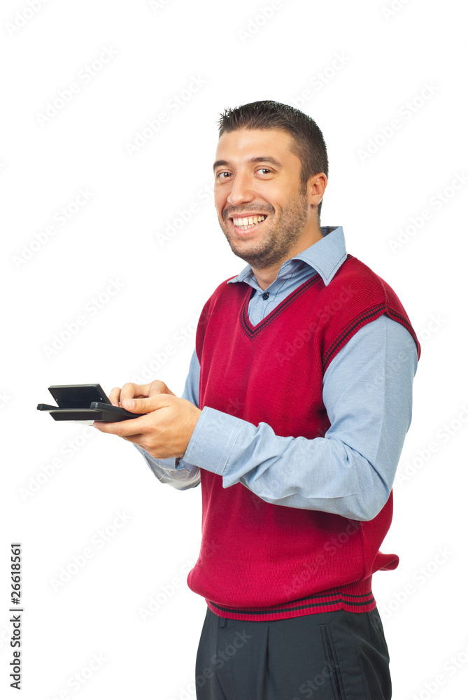 Laughing man holding calculator Laughing man holding calculator