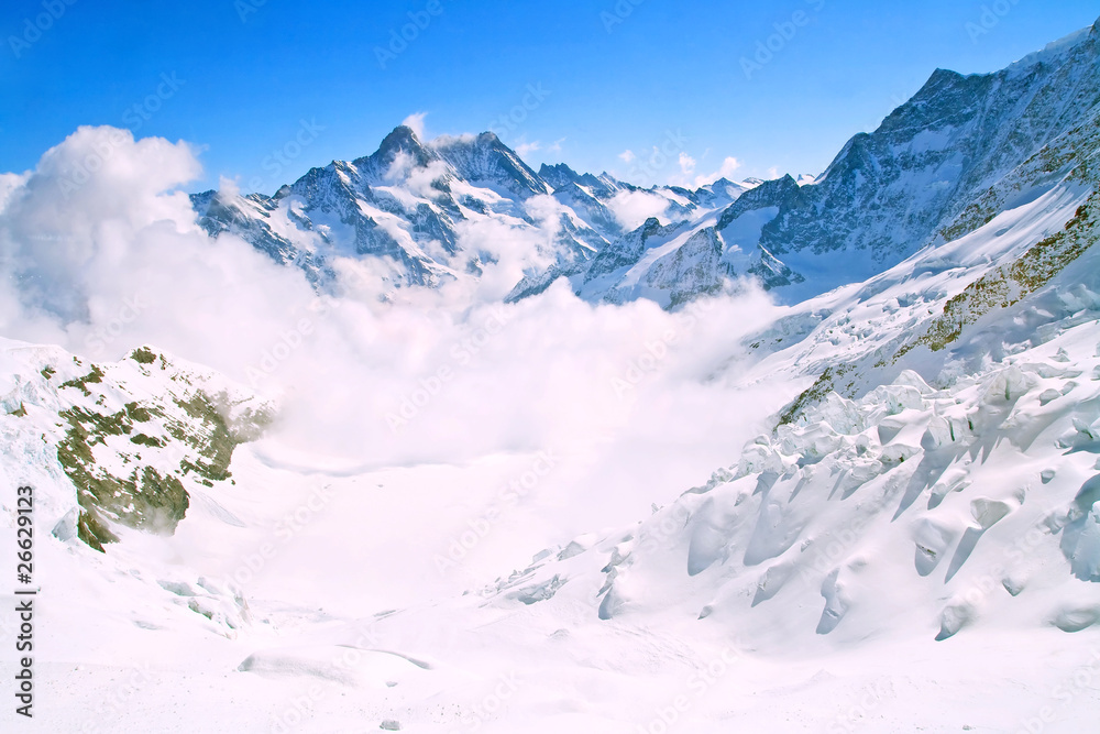 Fototapeta premium Mist at Jungfraujoch, part of Swiss Alpine Alps Switzerland.