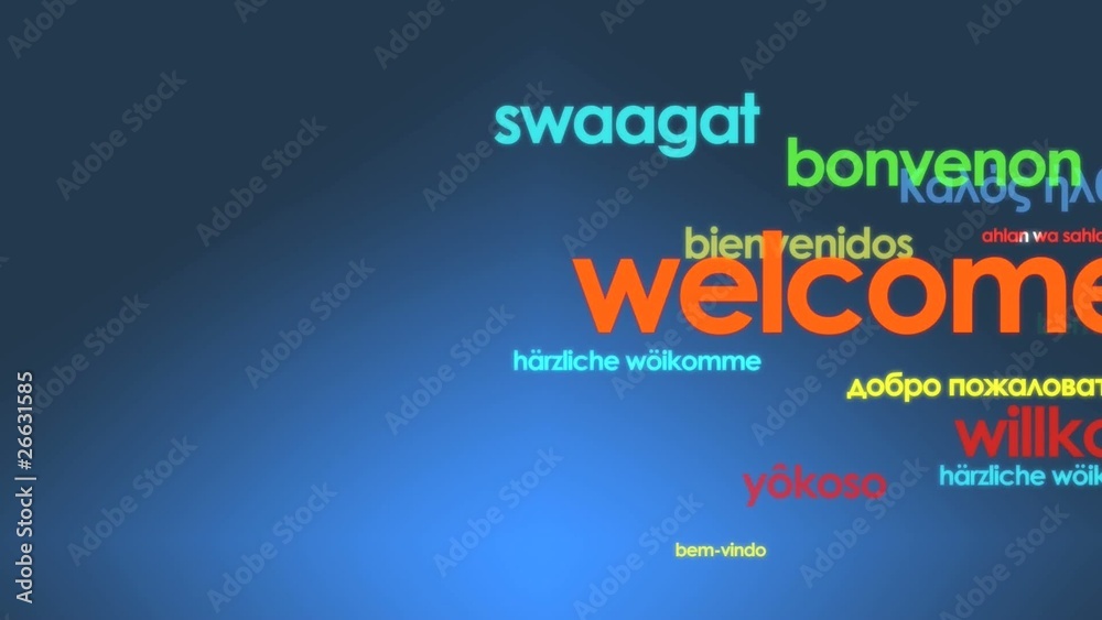 International colors welcome tag cloud blue background