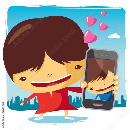 fille asiatique amoureuse et téléphone mobile - sms