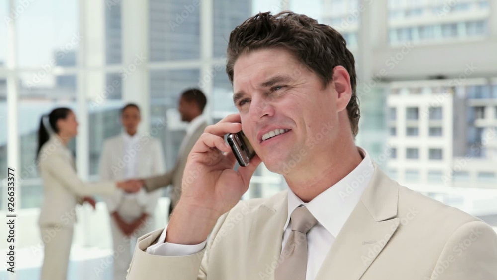 Handsome Businessman on a Cellphone in an Office Lobby Handsome Businessman on a Cellphone in an Office Lobby