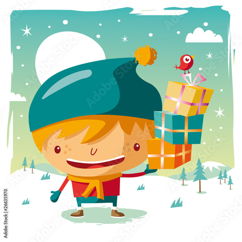 noël - petit garçon et cadeaux