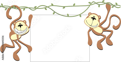 two happy monkeys with blank board
