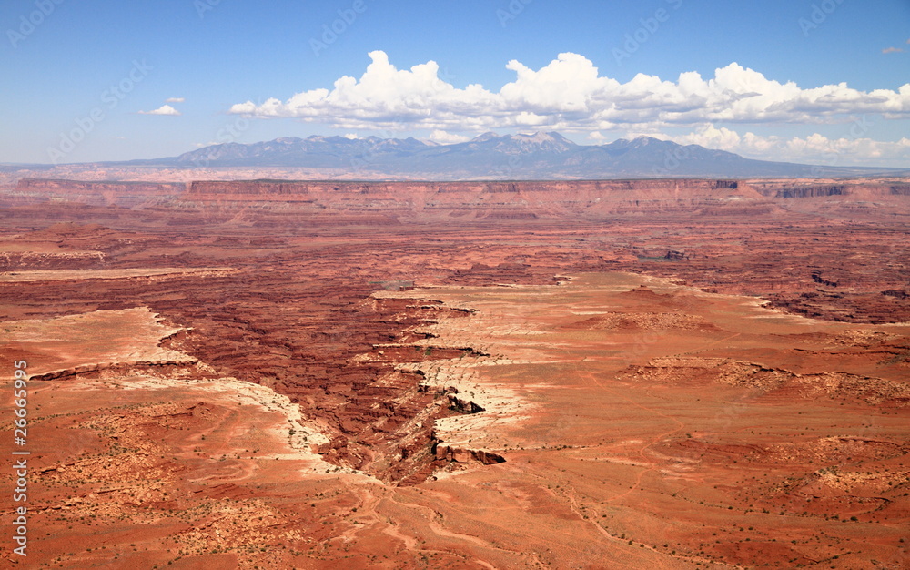 crater of stone monuments and pillars in canyonlands
