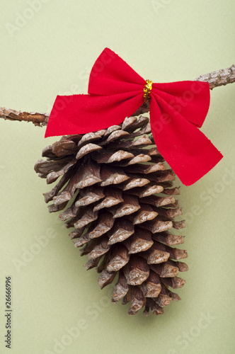 Holiday Pinecone with a Red Bow on a Green Background photo