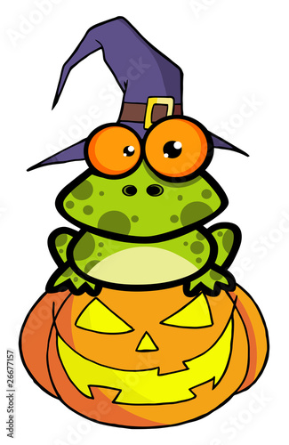 Frog With A Witch Hat In Pumpkin