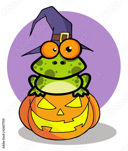 Halloween Frog With A Witch Hat In Pumpkin