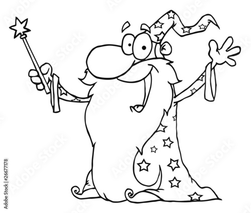 Outlined Wizard Waving And Cape Holding A Magic Wand