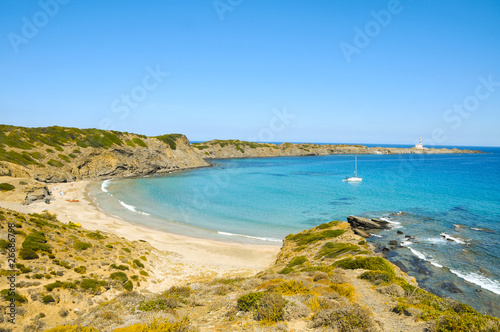view of Cala Presili beach in Menorca, Balearic Islands, Spain