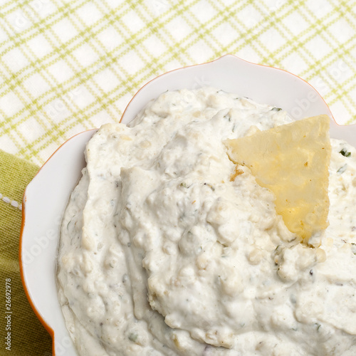 Close Up Image of Parmesan Artichoke Dip with a Potato Chip Garn