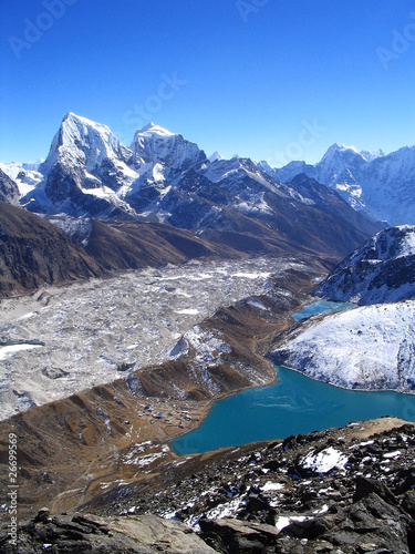 View from the summit of Gokyo Ri to the Gokyo Village on the trek to Everest Base Camp in Nepal photo