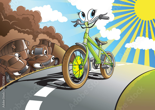 No exhaust: Smiling bicycle rides on the road, vector