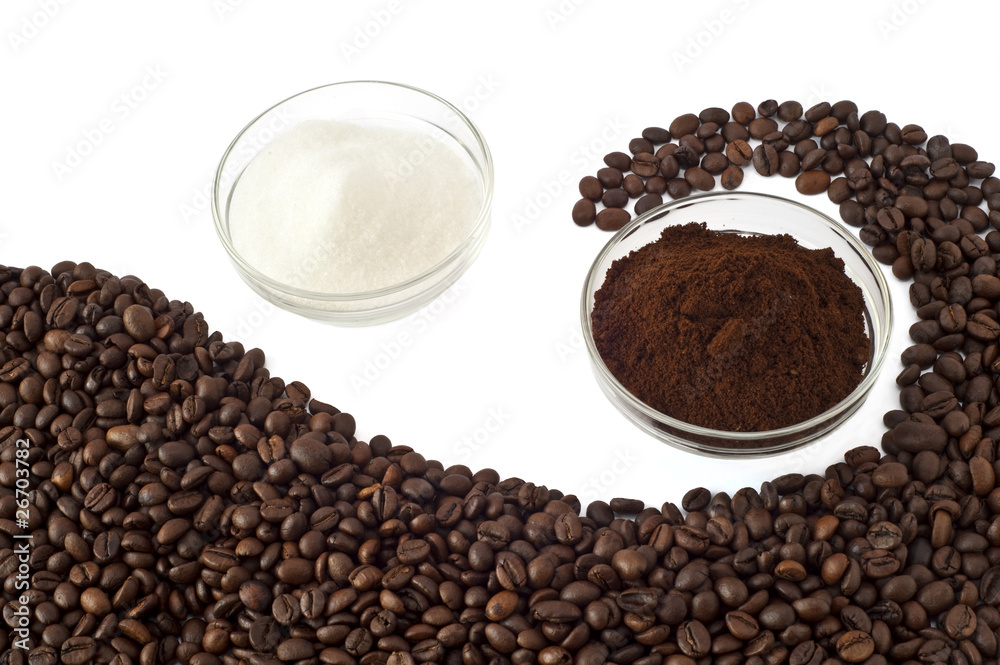 coffee beans, coffee powder and sugar coffee beans, coffee powder and sugar