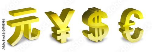 symbols of the euro, yen, yuan and dollar in 3d