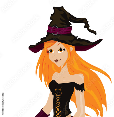 Beautiful sexy witch with long red hair and hat
