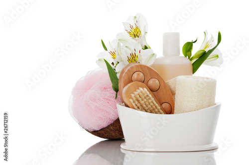 Beautyset mit blume Schwamm und Shampoo photo