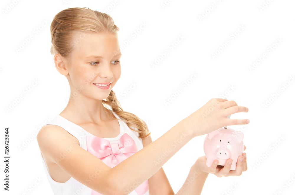 lovely teenage girl with piggy bank and money lovely teenage girl with piggy bank and money