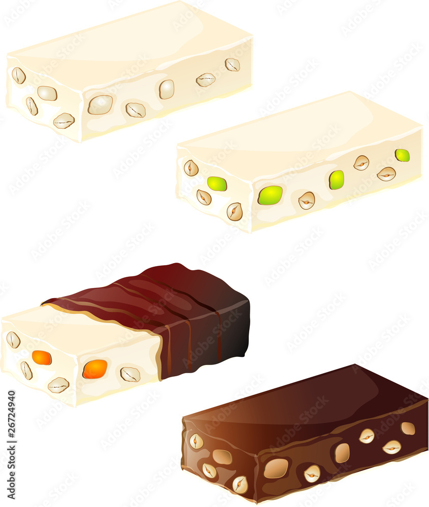 Nougat made from honey, nuts, and egg white. Nougat made from chocholat