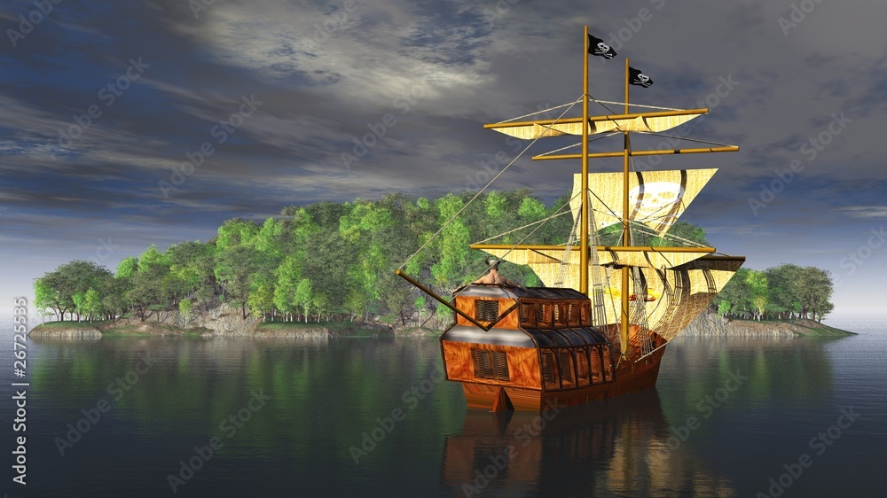 Naklejka premium Piracki statek z piratem na wyspie