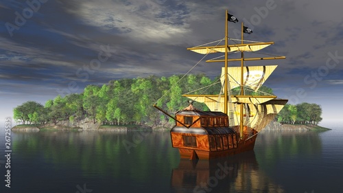 Piratenschiff mit Pirat vor der Insel photo