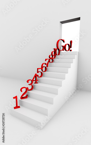 Monochromic 3d rendered image of stair with red numbers