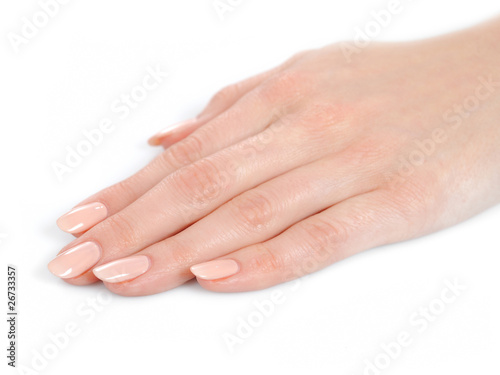 Beautiful hands with perfect nail french manicure. isolated on w