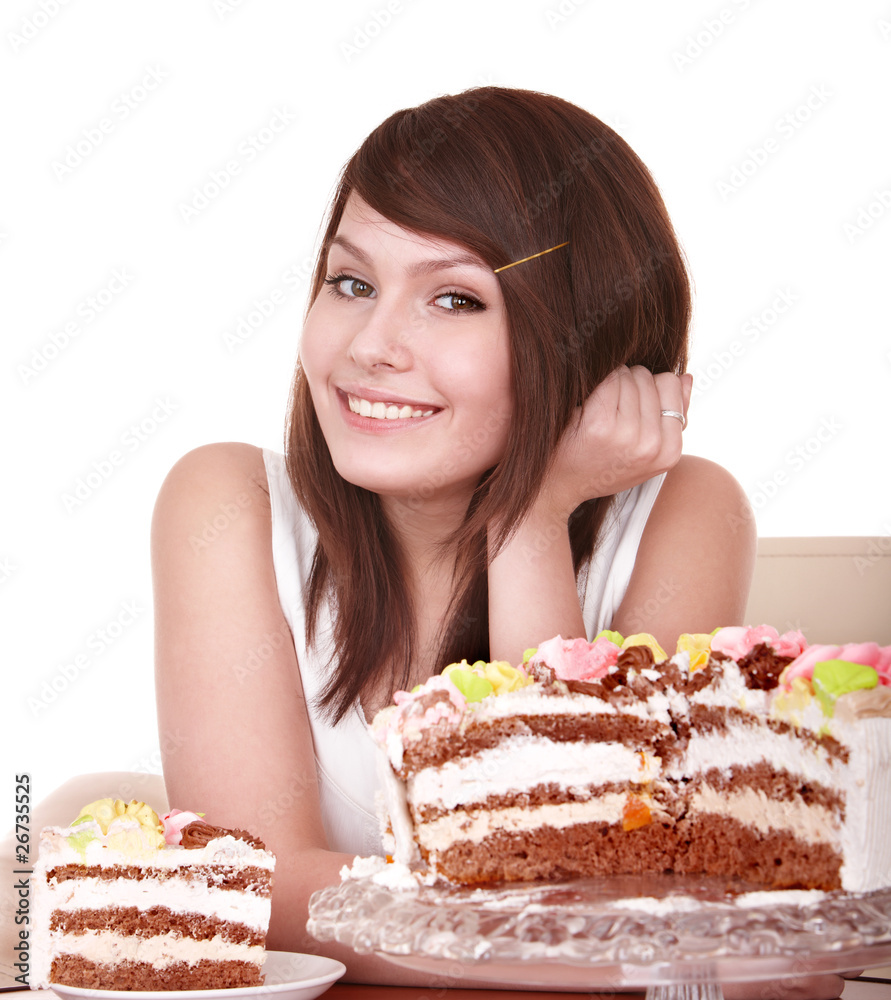 Girl with chocolate cake. Isolated. Girl with chocolate cake. Isolated.