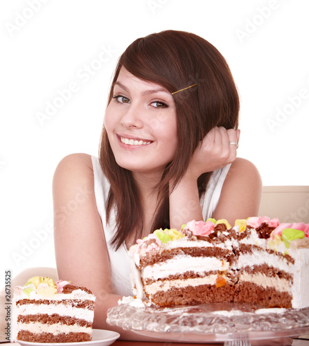 Girl with chocolate cake. Isolated.