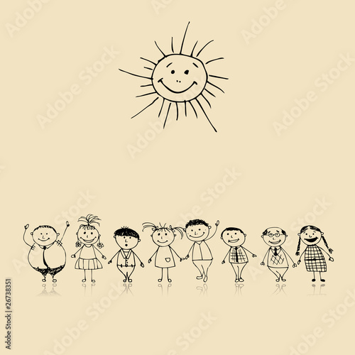 Happy big family smiling together, drawing sketch