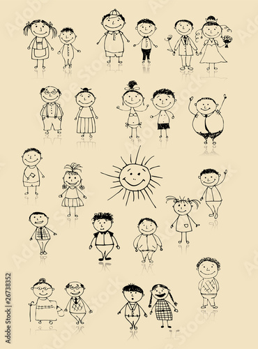 Happy big family smiling together, drawing sketch