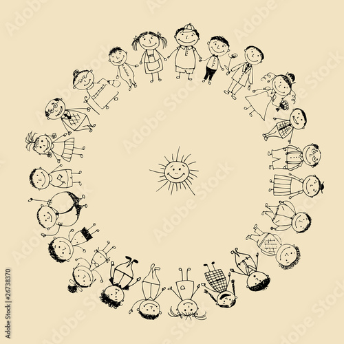 Happy big family smiling together, drawing sketch