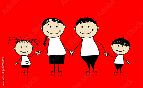 Happy family smiling together, drawing sketch