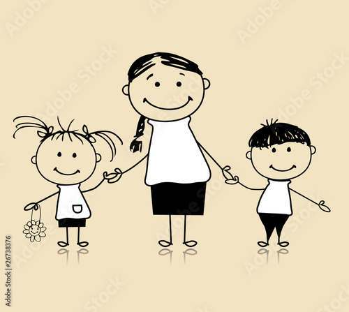 Happy family smiling together, mother and children