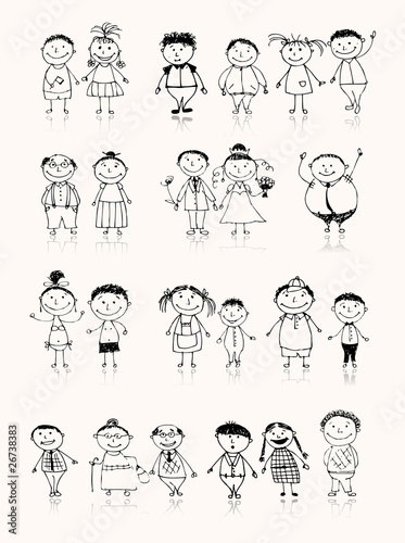Happy big family smiling together, drawing sketch