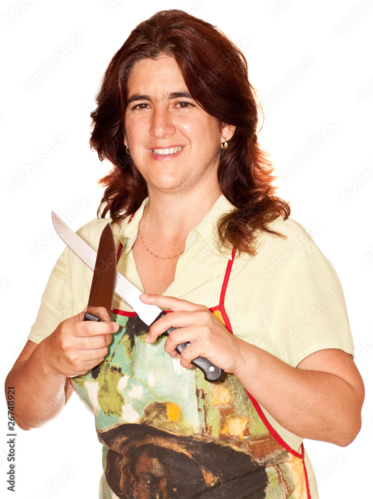 Beautiful woman with knives on a white background Beautiful woman with knives on a white background