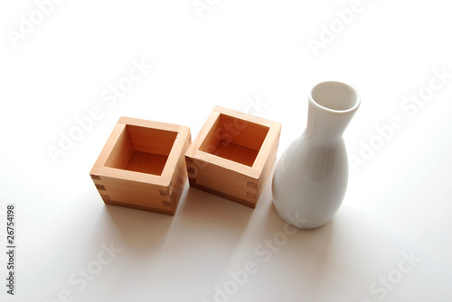 sake bottle with wooden masu cups