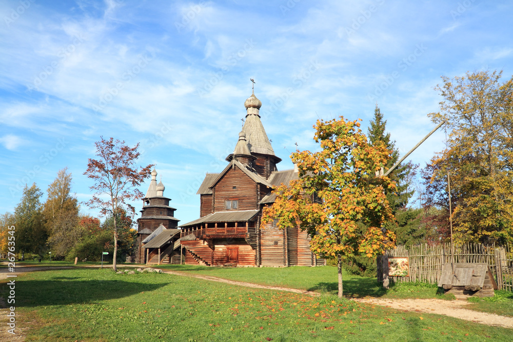 wooden orthodox chapel in village