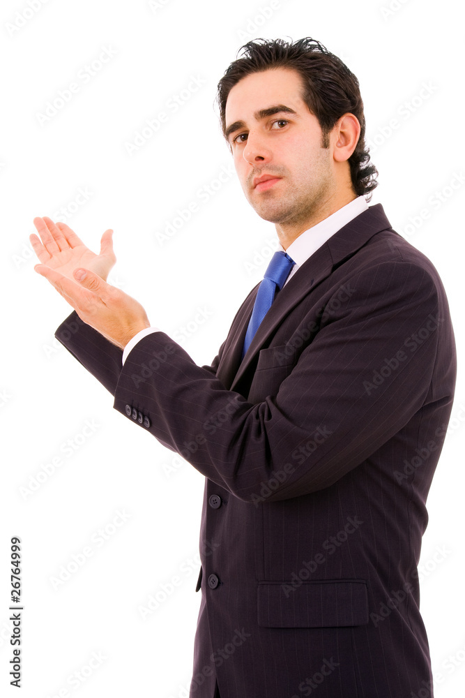 Young business man with arms out in a welcoming gesture to the o Young business man with arms out in a welcoming gesture to the o