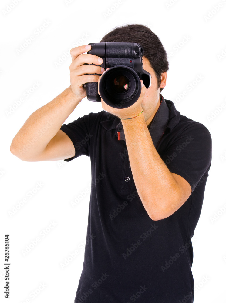 Young male photograher at studio, isolated on white Young male photograher at studio, isolated on white