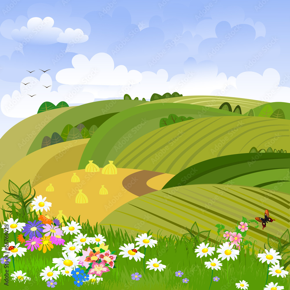 Rural landscape with flower meadow