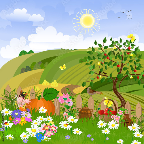 Rural landscape with fruit trees