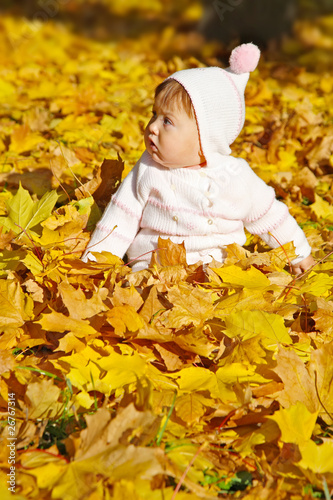 small child sits in yellow autumn leaves