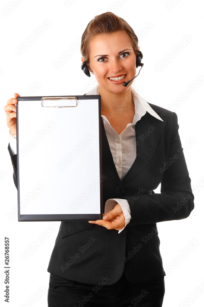 smiling modern business woman with headset and blank clipboard smiling modern business woman with headset and blank clipboard